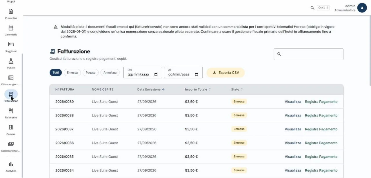 Invoice list, with the corrispettivi telematici pilot-mode notice visible at the top — the same gap stated in Status and roadmap above.
